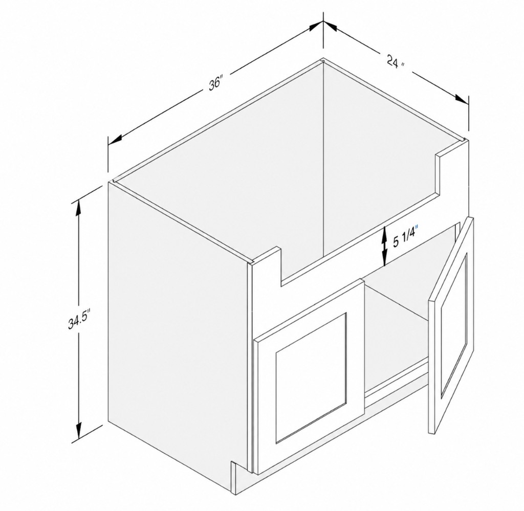 Farmhouse Sink Base 36" wide × 24" deep × 34.5" high, with 5 1/4" sink opening
