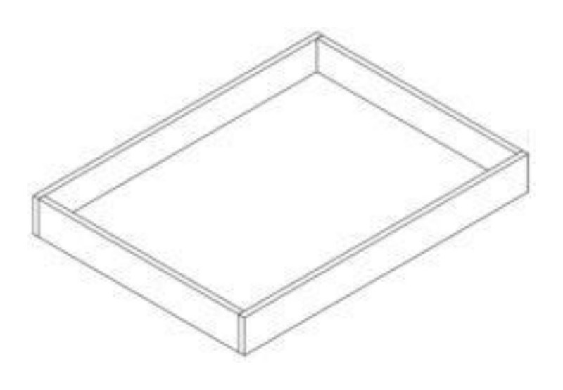 Isometric line drawing of a roll-out tray with wooden box and full-extension soft-close slides